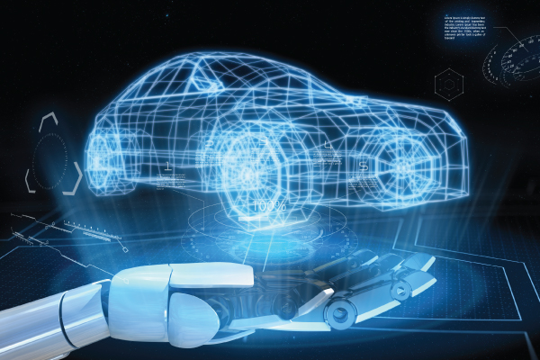 A robot hand showing a hologram of a car