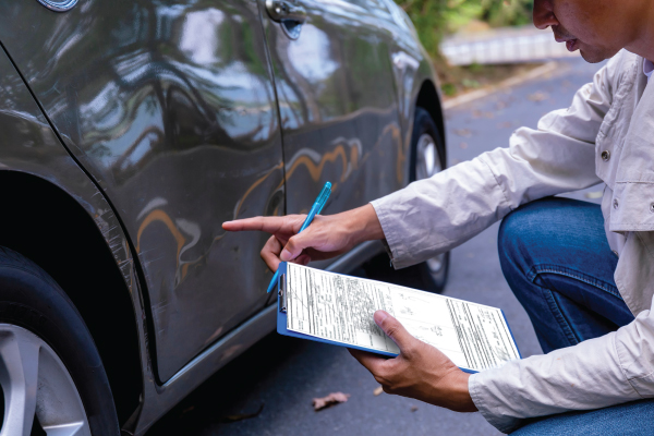man inspecting car accident