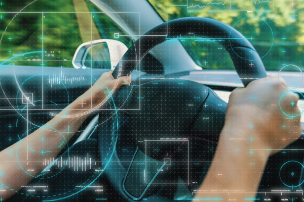 Driver behind the wheel with technology overlay