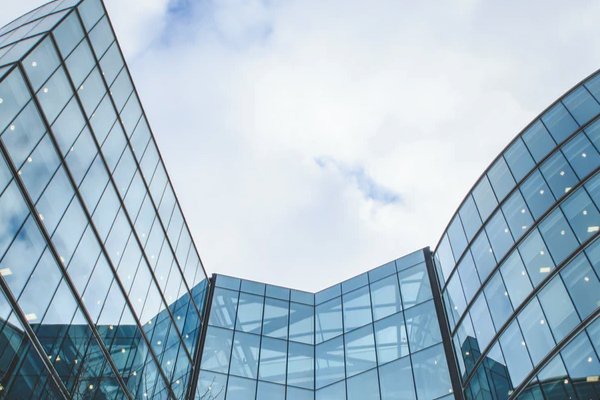 Outside view of office building with glass windows